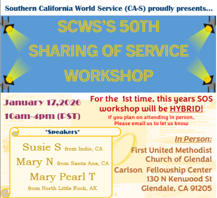 50th Sharing of Service workshop for Southern California. We will be having speaker who all have over 50 years in Al-Anon, along with workshops and fun and fellowship.